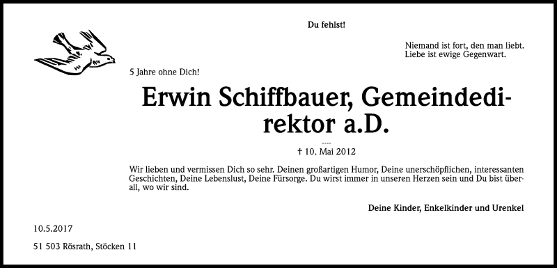  Traueranzeige für Erwin Schiffbauer vom 13.05.2017 aus Kölner Stadt-Anzeiger / Kölnische Rundschau / Express