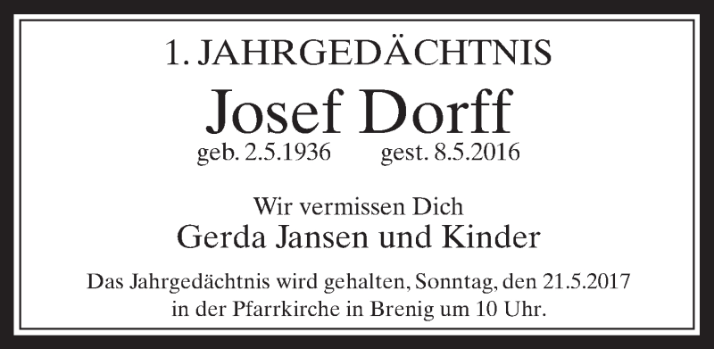  Traueranzeige für Josef Dorff vom 17.05.2017 aus  Schaufenster/Blickpunkt 