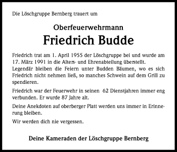 Anzeige von Friedrich Budde von Kölner Stadt-Anzeiger / Kölnische Rundschau / Express