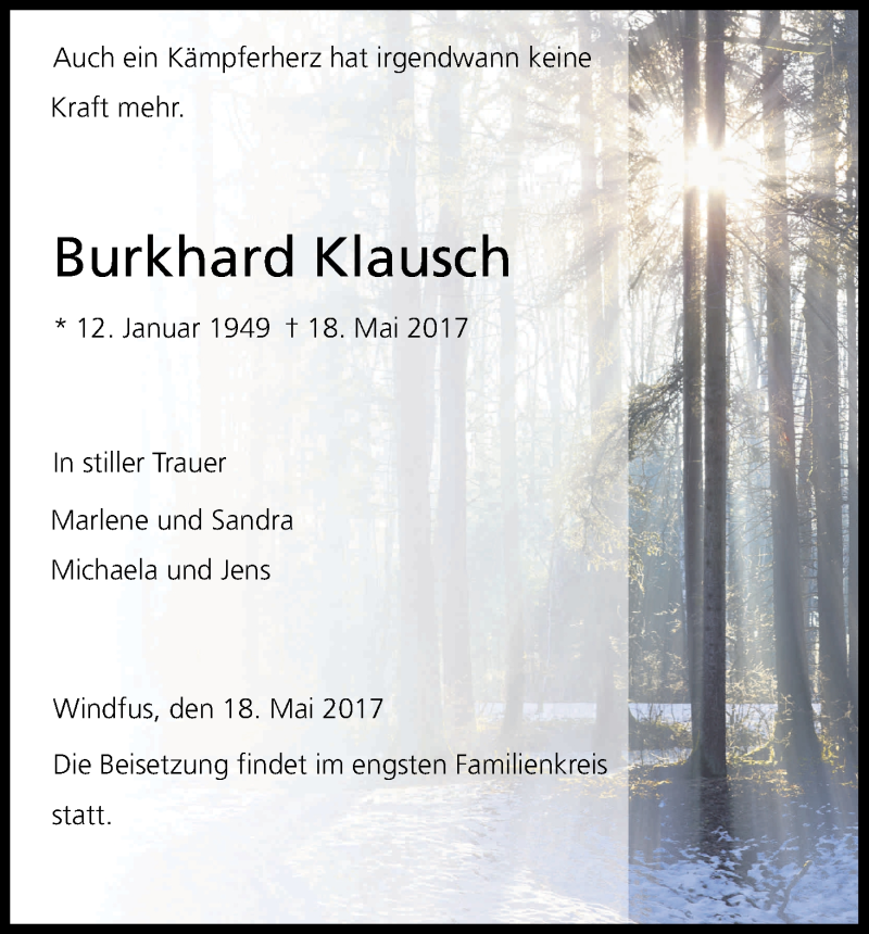  Traueranzeige für Burkhard Klausch vom 20.05.2017 aus Kölner Stadt-Anzeiger / Kölnische Rundschau / Express
