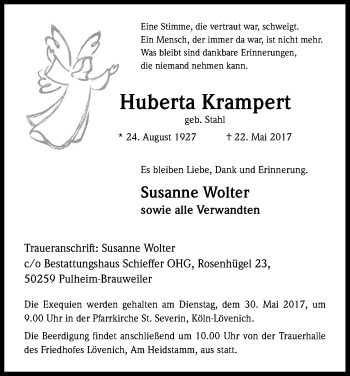 Anzeige von Huberta Krampert von Kölner Stadt-Anzeiger / Kölnische Rundschau / Express