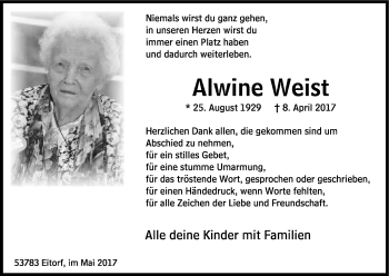 Anzeige von Alwine Weist von Kölner Stadt-Anzeiger / Kölnische Rundschau / Express