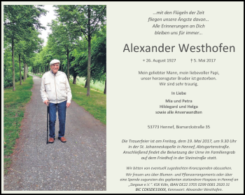 Anzeige von Alexander Westhofen von Kölner Stadt-Anzeiger / Kölnische Rundschau / Express
