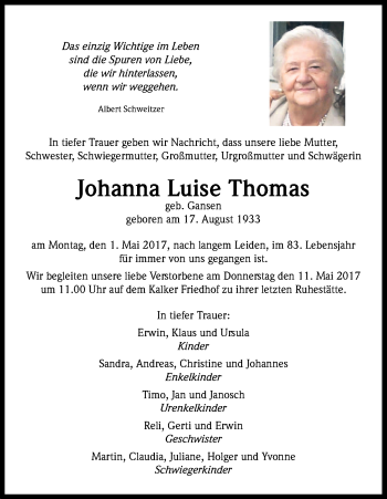 Anzeige von Johanna Luise Thomas von Kölner Stadt-Anzeiger / Kölnische Rundschau / Express