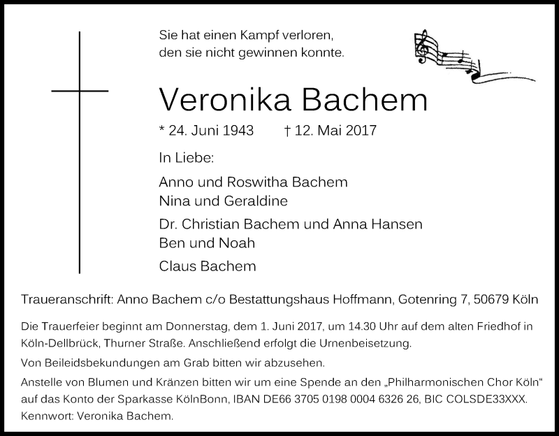  Traueranzeige für Veronika Bachem vom 27.05.2017 aus Kölner Stadt-Anzeiger / Kölnische Rundschau / Express