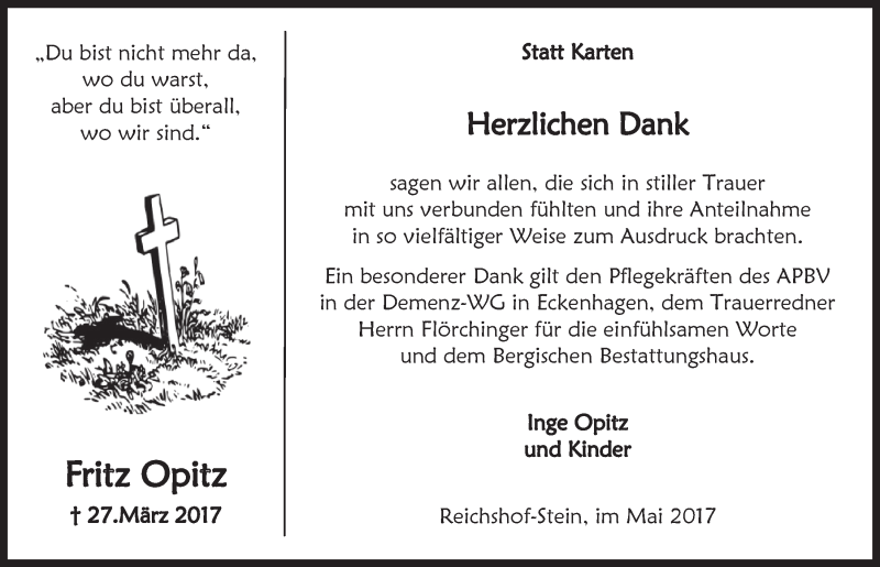  Traueranzeige für Fritz Opitz vom 24.05.2017 aus  Lokalanzeiger 