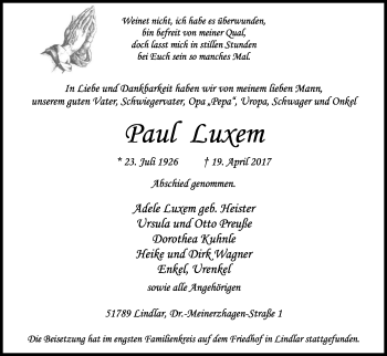 Anzeige von Paul Luxem von Kölner Stadt-Anzeiger / Kölnische Rundschau / Express