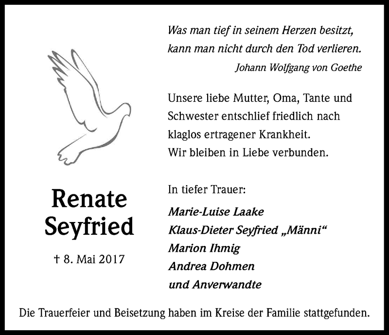  Traueranzeige für Renate Seyfried vom 13.05.2017 aus Kölner Stadt-Anzeiger / Kölnische Rundschau / Express