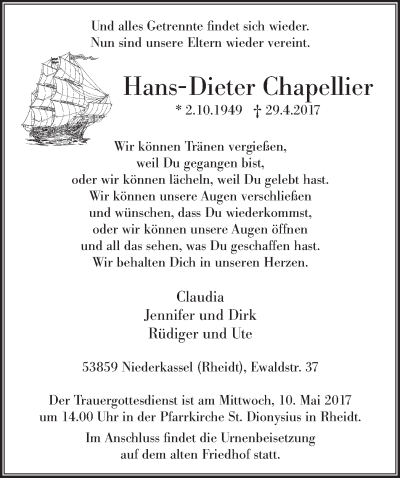  Traueranzeige für Hans- Dieter Chapellier vom 06.05.2017 aus  Rhein-Sieg-Wochenende 