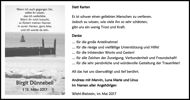  Traueranzeige für Birgit Dünnebeil vom 20.05.2017 aus Kölner Stadt-Anzeiger / Kölnische Rundschau / Express