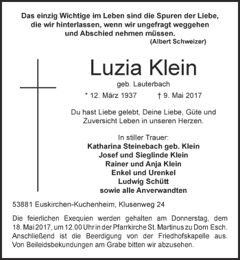 Anzeige von Luzia Klein von  Blickpunkt Euskirchen  Schaufenster/Blickpunkt am Wochenende 
