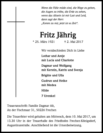 Anzeige von Fritz Jährig von Kölner Stadt-Anzeiger / Kölnische Rundschau / Express