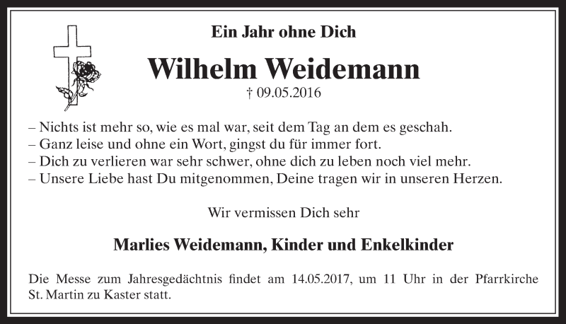  Traueranzeige für Wilhelm Weidemann vom 10.05.2017 aus  Werbepost 