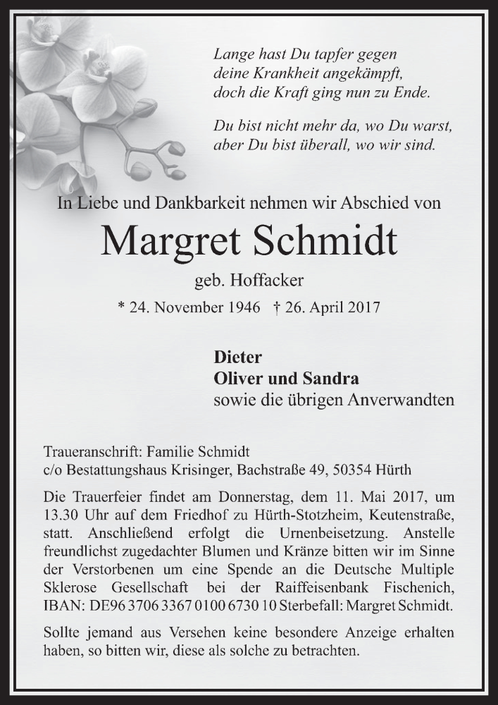  Traueranzeige für Margret Schmidt vom 03.05.2017 aus  Wochenende 