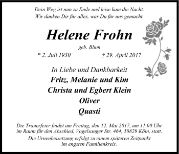 Anzeige von Helene Frohn von Kölner Stadt-Anzeiger / Kölnische Rundschau / Express