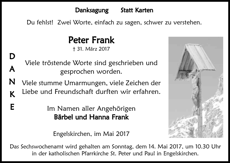  Traueranzeige für Peter Frank vom 06.05.2017 aus Kölner Stadt-Anzeiger / Kölnische Rundschau / Express