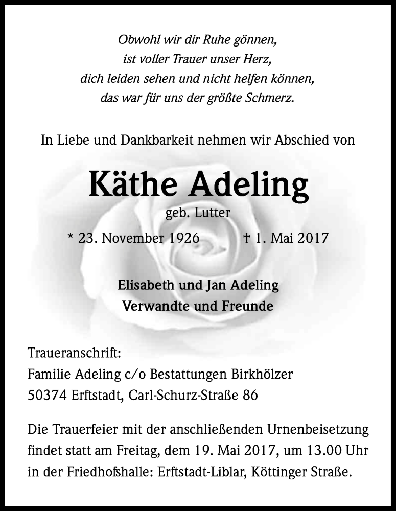  Traueranzeige für Käthe Adeling vom 13.05.2017 aus Kölner Stadt-Anzeiger / Kölnische Rundschau / Express