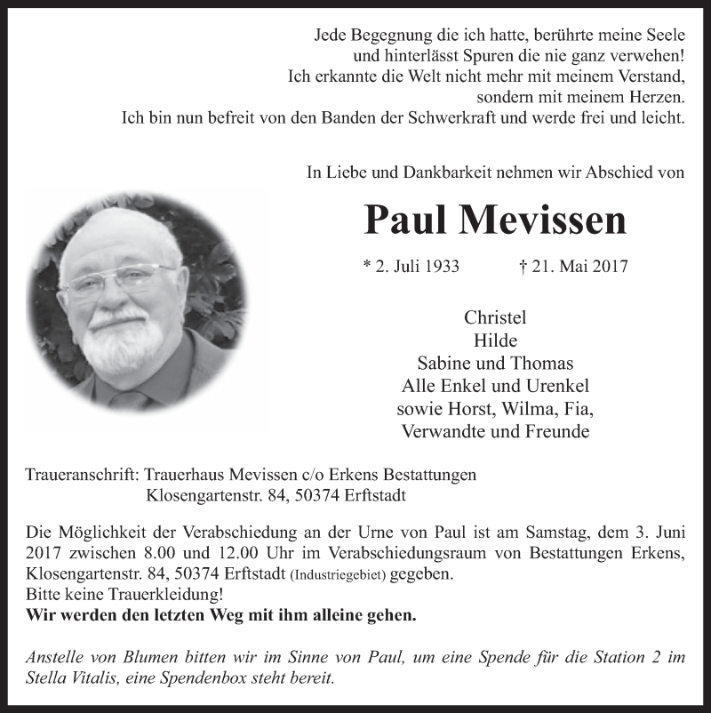  Traueranzeige für Paul Mevissen vom 31.05.2017 aus  Werbepost 