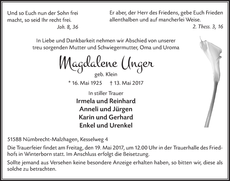  Traueranzeige für Magdalene Unger vom 17.05.2017 aus  Lokalanzeiger 