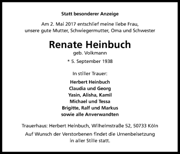 Anzeige von Renate Heinbuch von Kölner Stadt-Anzeiger / Kölnische Rundschau / Express