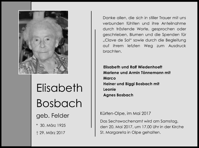  Traueranzeige für Elisabeth Bosbach vom 13.05.2017 aus Kölner Stadt-Anzeiger / Kölnische Rundschau / Express