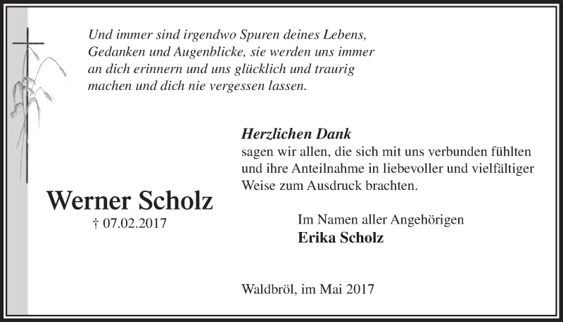  Traueranzeige für Werner Scholz vom 10.05.2017 aus  Lokalanzeiger 