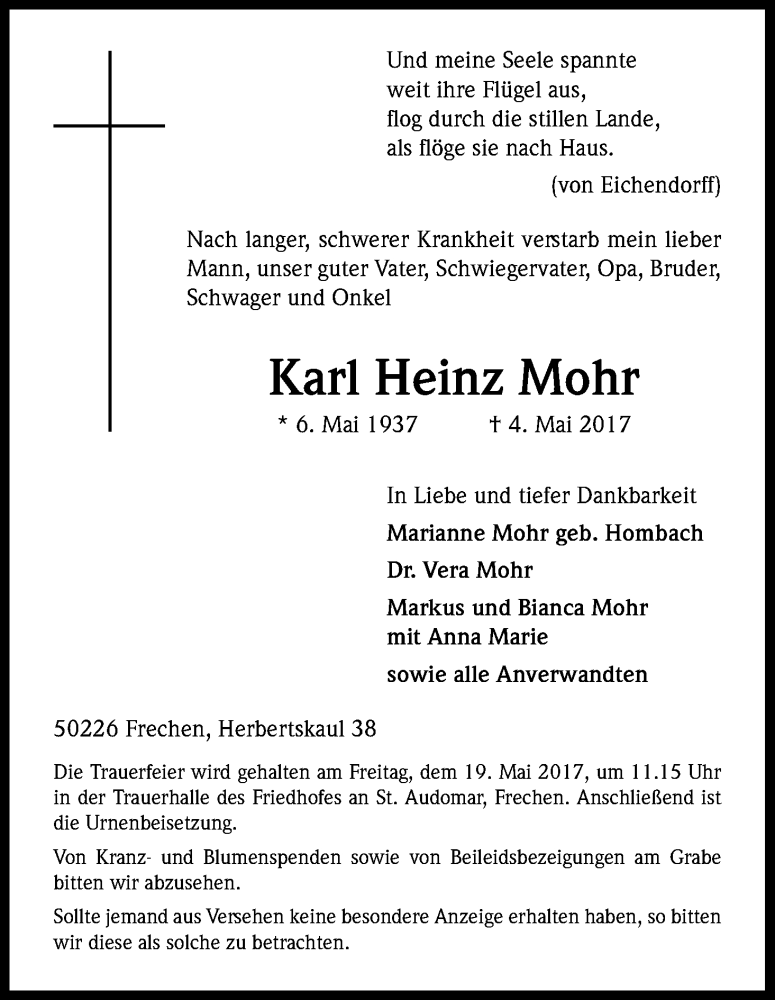  Traueranzeige für Karl Heinz Mohr vom 13.05.2017 aus Kölner Stadt-Anzeiger / Kölnische Rundschau / Express