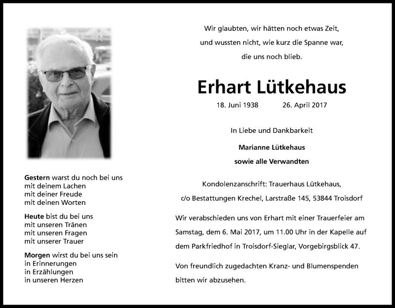  Traueranzeige für Erhart Lütkehaus vom 03.05.2017 aus Kölner Stadt-Anzeiger / Kölnische Rundschau / Express