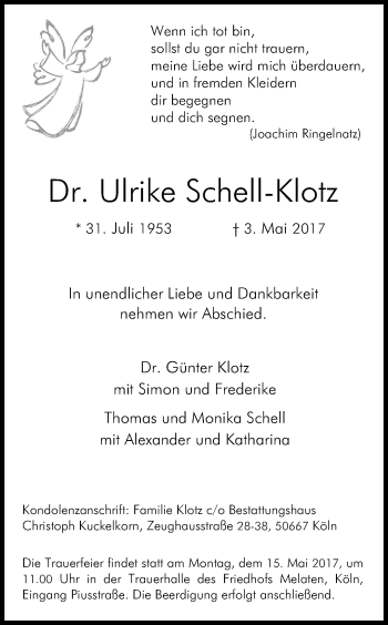 Anzeige von Ulrike Schell-Klotz von Kölner Stadt-Anzeiger / Kölnische Rundschau / Express