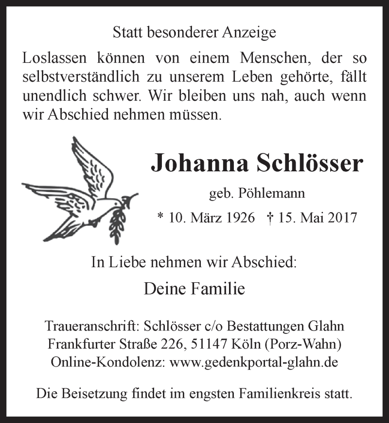  Traueranzeige für Johanna Schlösser vom 24.05.2017 aus  Kölner Wochenspiegel 