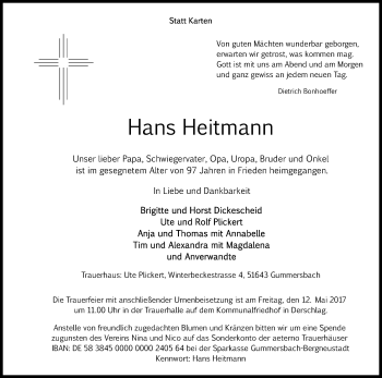 Anzeige von Hans Heitmann von Kölner Stadt-Anzeiger / Kölnische Rundschau / Express