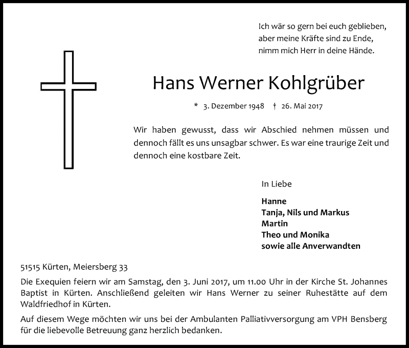  Traueranzeige für Hans Werner Kohlgräber vom 31.05.2017 aus Kölner Stadt-Anzeiger / Kölnische Rundschau / Express