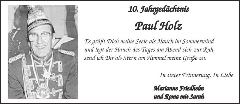  Traueranzeige für Paul Holz vom 17.05.2017 aus  Kölner Wochenspiegel 