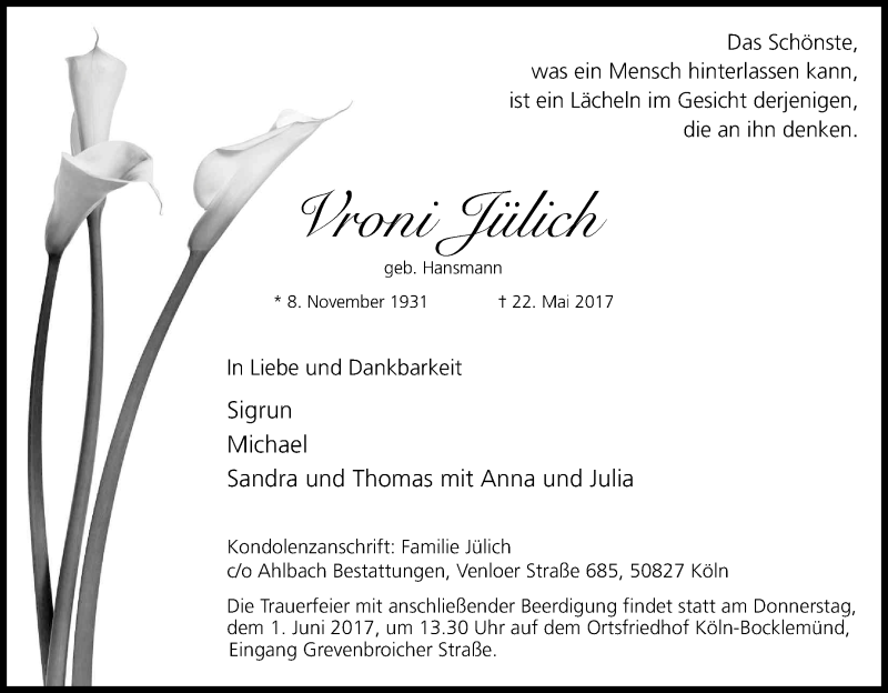  Traueranzeige für Vroni Jülich vom 27.05.2017 aus Kölner Stadt-Anzeiger / Kölnische Rundschau / Express