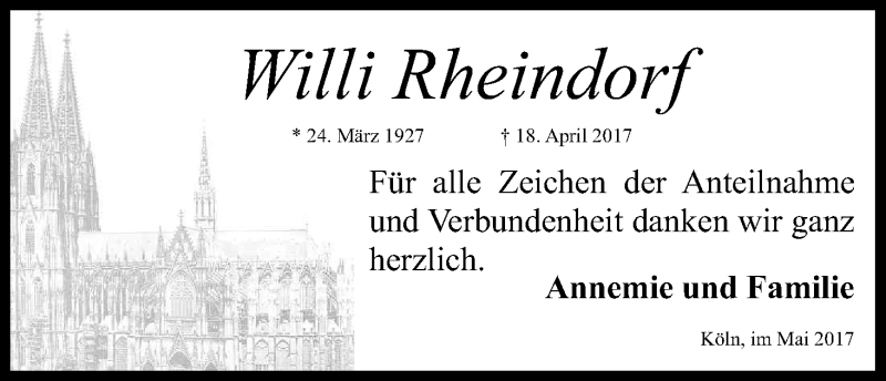  Traueranzeige für Willi Rheindorf vom 13.05.2017 aus Kölner Stadt-Anzeiger / Kölnische Rundschau / Express