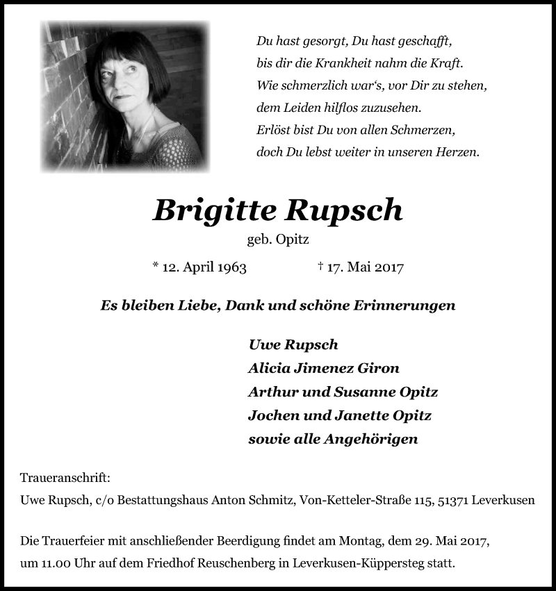  Traueranzeige für Brigitte Rupsch vom 24.05.2017 aus Kölner Stadt-Anzeiger / Kölnische Rundschau / Express