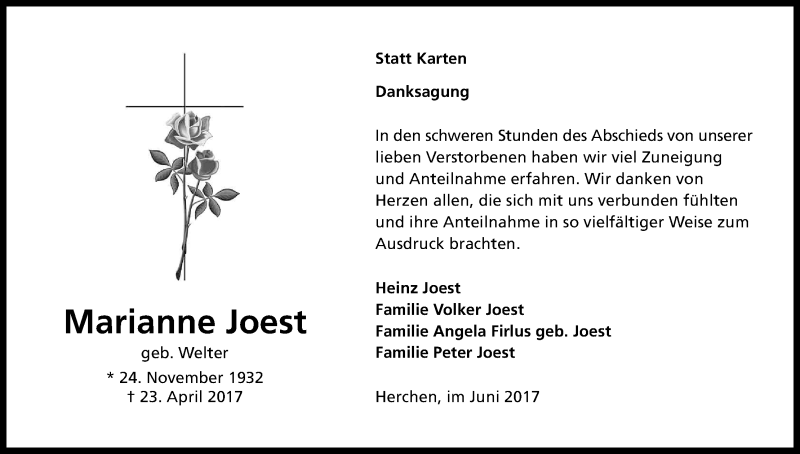  Traueranzeige für Marianne Joest vom 31.05.2017 aus Kölner Stadt-Anzeiger / Kölnische Rundschau / Express