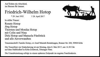 Anzeige von Friedrich-Wilhelm Hotop von Kölner Stadt-Anzeiger / Kölnische Rundschau / Express