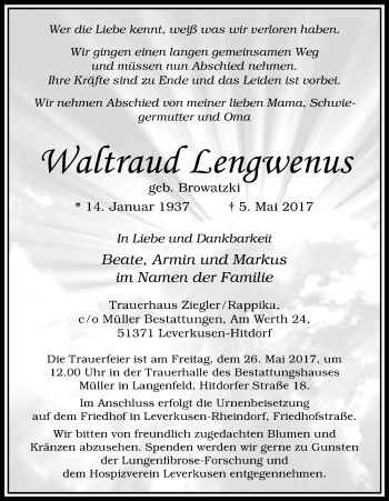 Anzeige von Waltraud Lengwenus von Kölner Stadt-Anzeiger / Kölnische Rundschau / Express