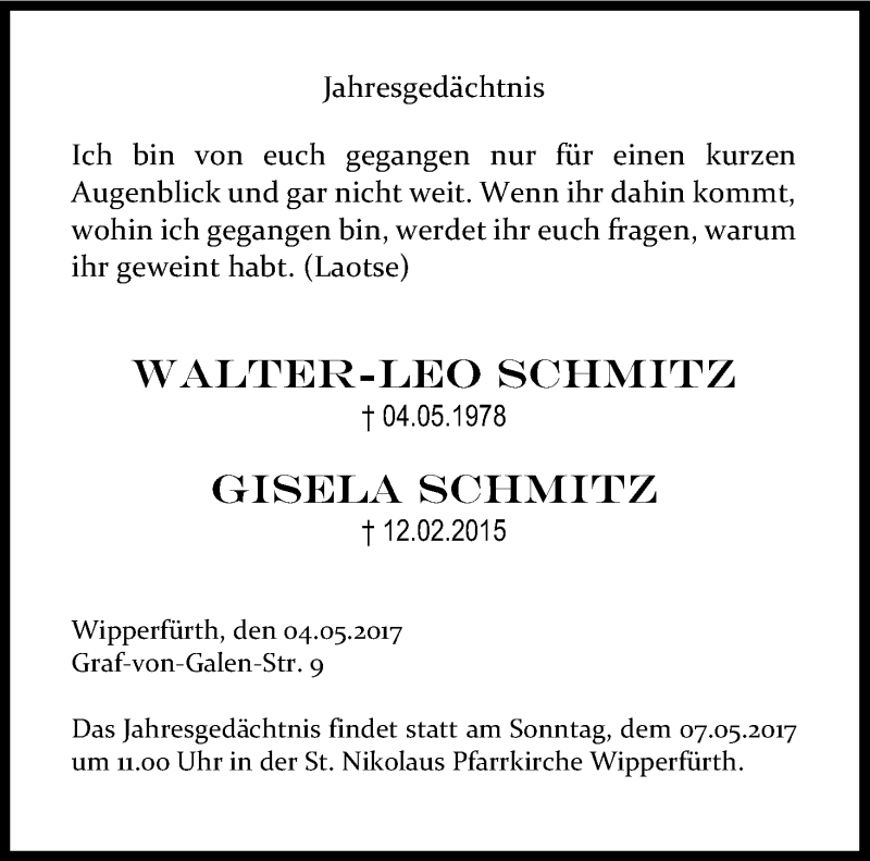  Traueranzeige für Gisela Schmitz vom 06.05.2017 aus Kölner Stadt-Anzeiger / Kölnische Rundschau / Express