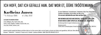 Anzeige von Karlheinz Jansen von Kölner Stadt-Anzeiger / Kölnische Rundschau / Express