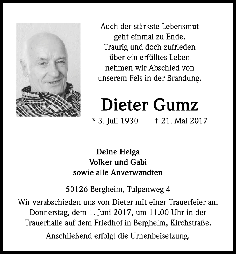  Traueranzeige für Dieter Gumz vom 27.05.2017 aus Kölner Stadt-Anzeiger / Kölnische Rundschau / Express
