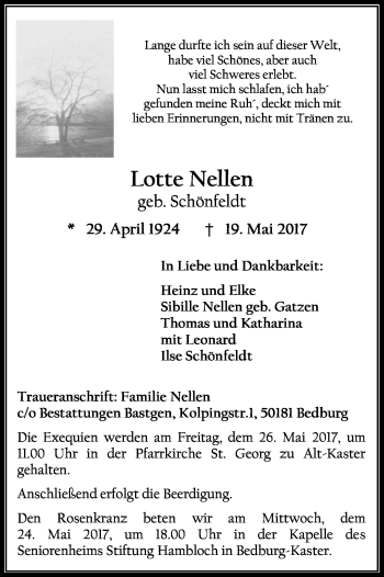 Anzeige von Lotte Nellen von Kölner Stadt-Anzeiger / Kölnische Rundschau / Express