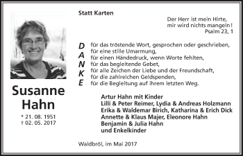 Anzeige von Susanne Hahn von  Lokalanzeiger 