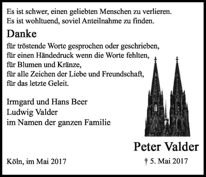  Traueranzeige für Peter Valder vom 20.05.2017 aus Kölner Stadt-Anzeiger / Kölnische Rundschau / Express