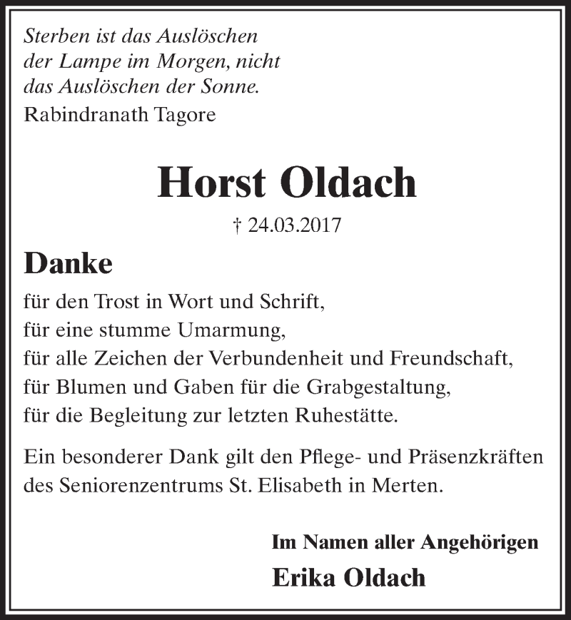  Traueranzeige für Horst Oldach vom 10.05.2017 aus  Schlossbote/Werbekurier 