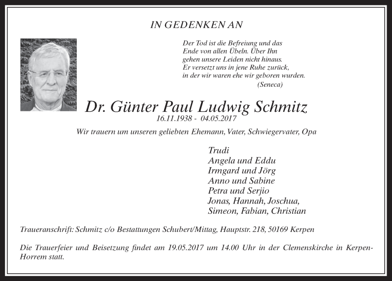  Traueranzeige für Günter Paul Ludwig Schmitz vom 17.05.2017 aus  Werbepost 