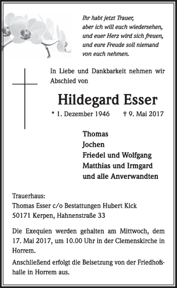 Anzeige von Hildegard Esser von  Sonntags-Post 