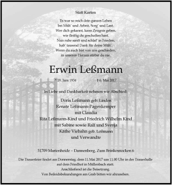 Anzeige von Erwin Leßmann von  Anzeigen Echo 