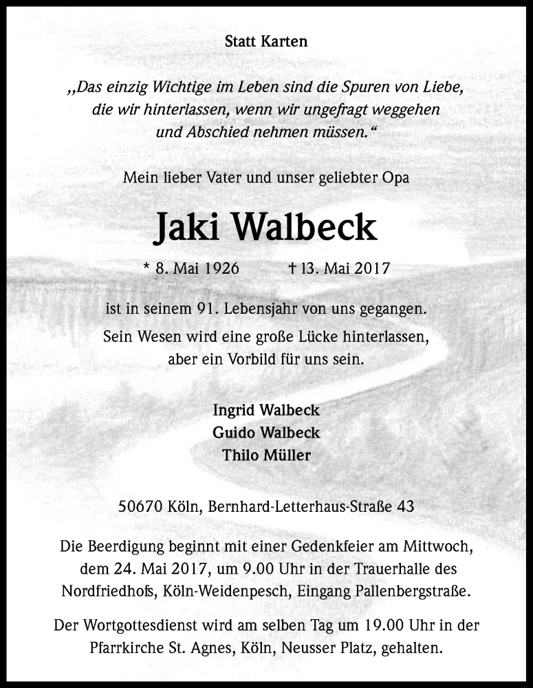  Traueranzeige für Jaki Walbeck vom 20.05.2017 aus Kölner Stadt-Anzeiger / Kölnische Rundschau / Express